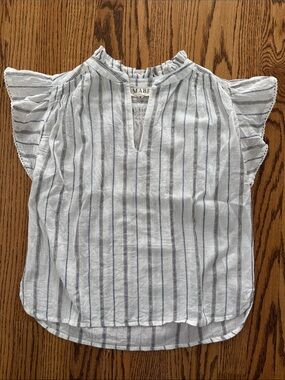 MABE Women's White and Navy Stripe Ruffle Sleeve Blouse